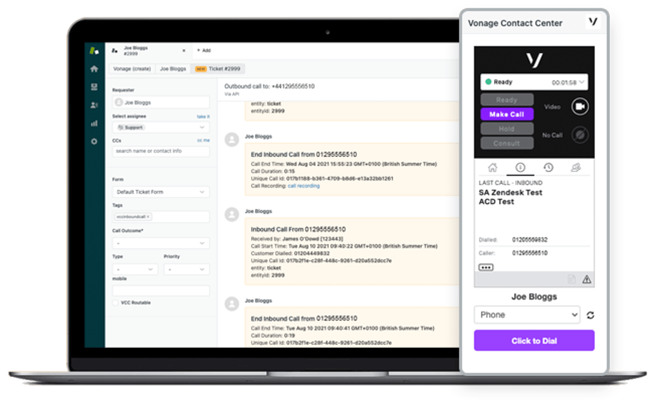 Vonage Contact Center Zendesk screenshot