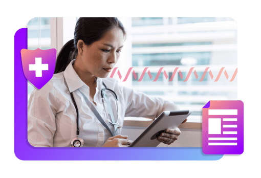 Healthcare image showcasing woman doctor reading chart on tablet