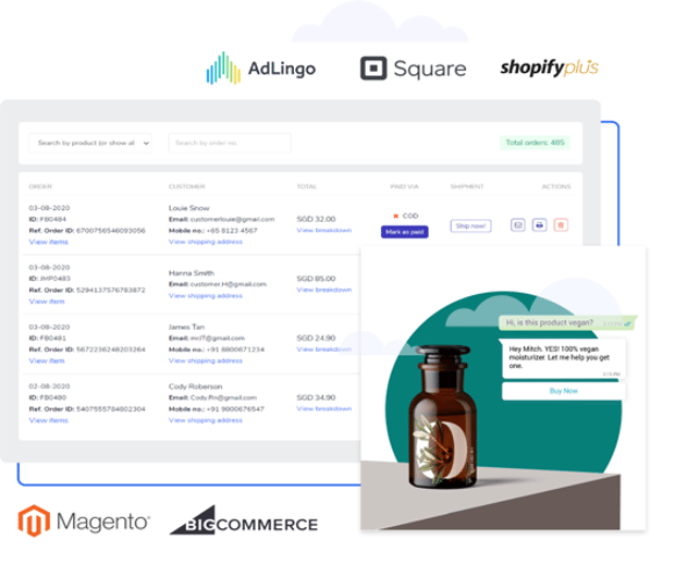 Conversational Commerce integrations Image of conversational commerce dashboard with different integrations available, including Google AdLingo, Square, Shopify plus and more