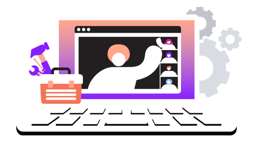 Multiparty Toolkit Blog—Header Image Illustration of computer screen showing multiple people participating in a video meeting; a toolbox sits to the side of the screen