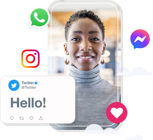 Conversational Commerce social media channels Image of woman on a screen with WhatsApp, Instagram, Twitter, Facebook social channel logos surrounding her