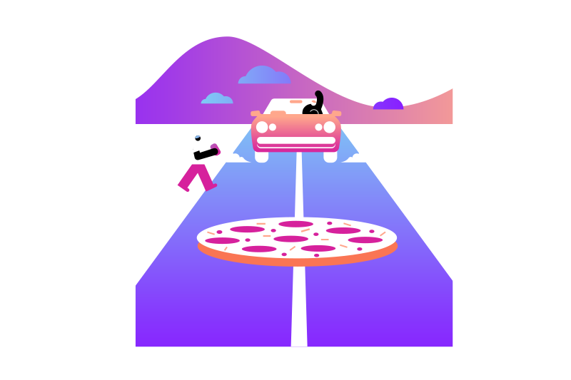 Novo Labs hero Illustration of pizza delivery service using app.
