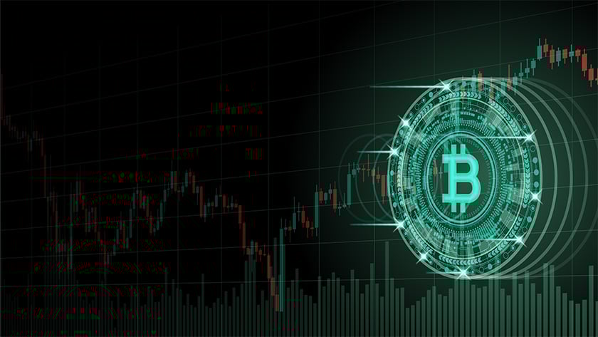 Graphic design of index graph and Bitcoin symbol